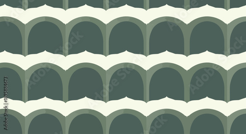 Geometric archway pattern in muted green and cream tones, repeating architectural motif