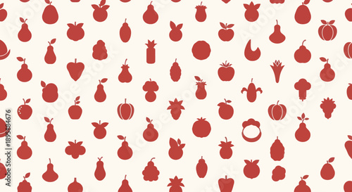 Red fruit and vegetable icons scattered on a light background, vector illustration