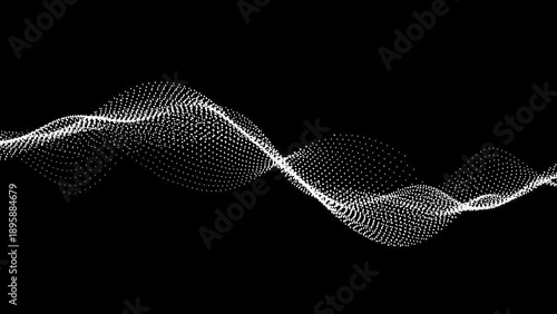 Abstract white particle wave on a black background representing digital data flow or sound visualization.