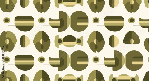Abstract geometric shapes in a repeating pattern with earthy tones, flat design.