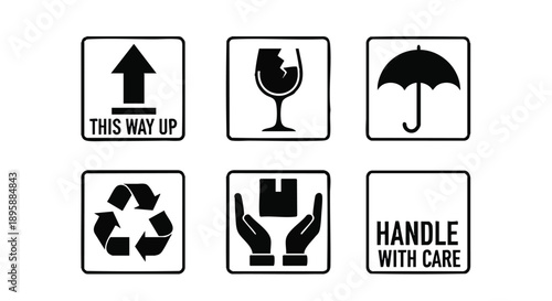 Comprehensive collection of universal shipping and handling symbols. Essential pictograms for safe package transit, indicating fragility, correct orientation, and environmental considerations