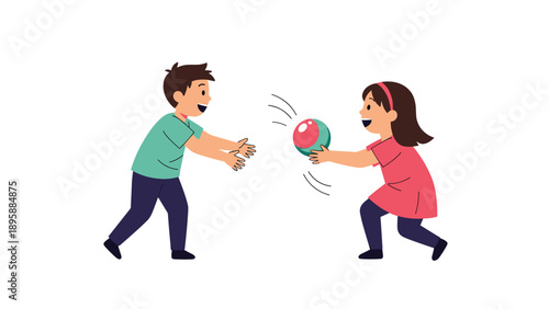 Young boy and girl playing a fun game of catch with a colorful ball in a simple and clean illustration for children.