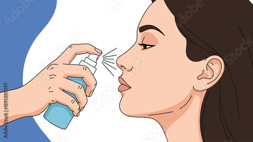 Close-up of a person's hand administering a nasal spray to a woman's nose for allergy relief or cold treatment.