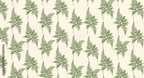 Repeating pattern of green fern leaves on a light cream background, flat design vector.