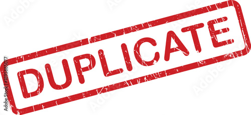 A distressed red rubber stamp impression with the word DUPLICATE on a clean white surface