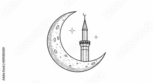 Crescent Moon with Minaret Illustration Design.