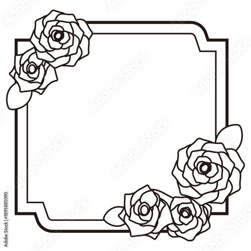 クラシックな薔薇の装飾付きの白いラベル風フレームイラスト 二重線の装飾枠 レトロで上品なスクエアデザイン