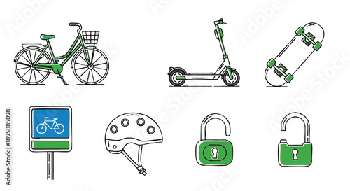 Collection of icons depicting urban transportation, safety equipment, and security for modern mobility