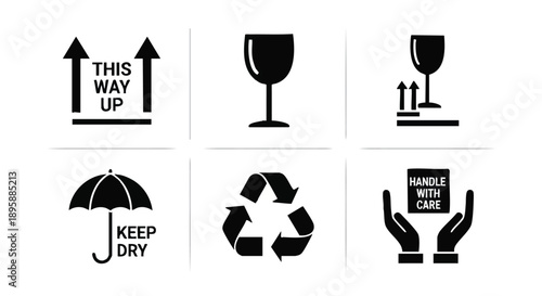 Set of six common shipping and handling icons on a white background including This Way Up, Fragile, Umbrella Keep Dry, Recycle Symbol, and Hands Holding Package