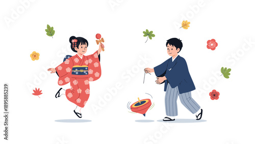 Children in colorful kimonos playing with traditional Japanese toys including a kendama and a spinning top during a festival.