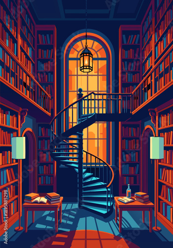 Vibrant vector illustration of a grand library with a spiral staircase bathed in warm sunset light, showcasing a collection of books and elegant architecture