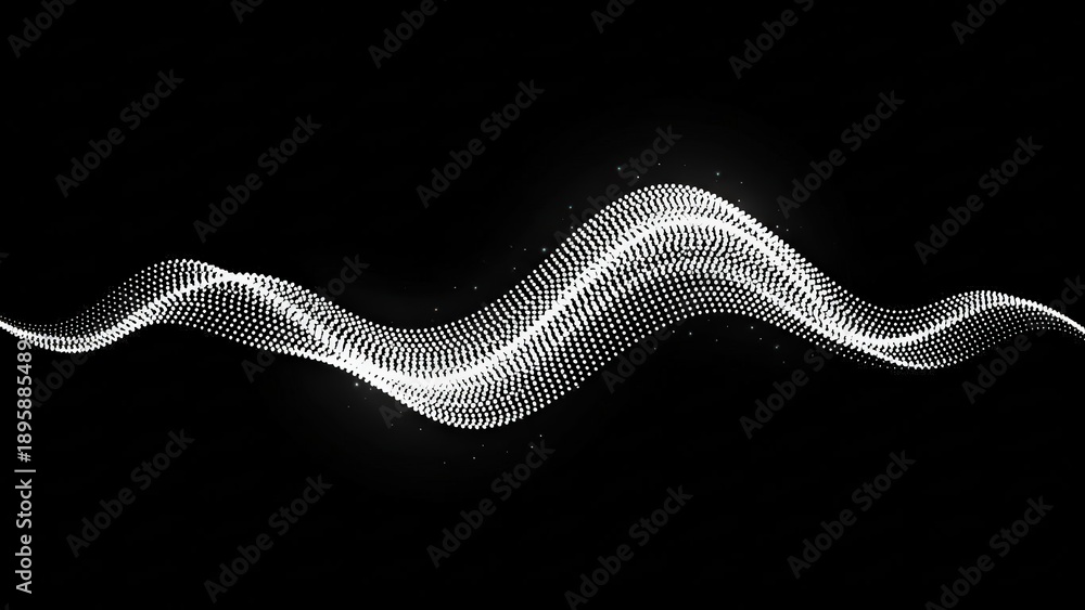 Fototapeta premium Abstract glowing white wavy particle stream on a dark background, representing data flow or sound visualization.