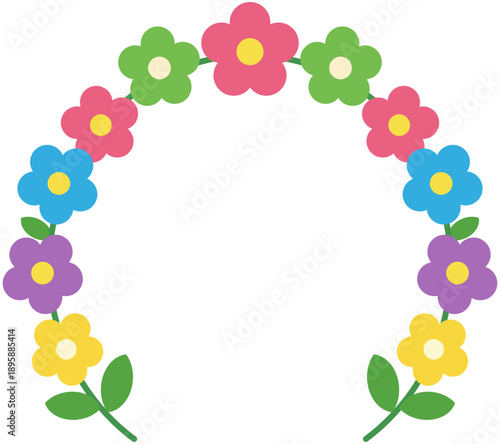 Colorful floral wreath arch with multi colored flowers and leaves for spring celebration and decoration