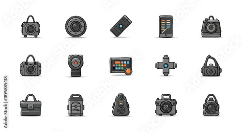 Collection of photography equipment and accessories icons representing professional gear and creative tools for capturing images