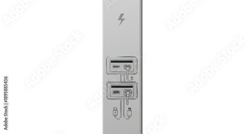 Close-up of electronic device ports with power symbol and connection interfaces
