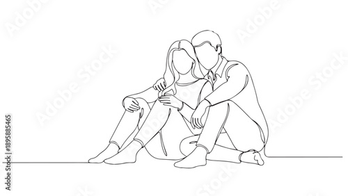Simple Line Drawing of a Couple Sitting Together, Embracing Each Other, Expressing Love and Unity in Minimalist Art