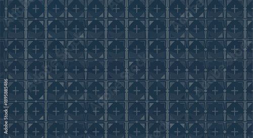 Geometric blue pattern with repeating square and circle motifs and cross symbols. Flat design.