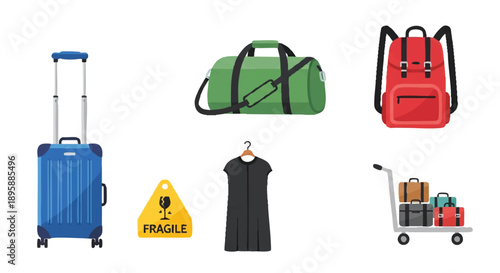 A vibrant collection of essential travel accessories and diverse luggage, including a rolling suitcase, backpack, duffel bag, and a fragile warning sign for packing
