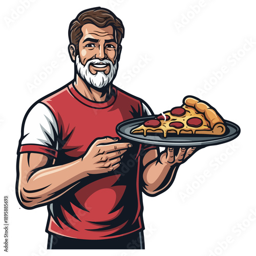 Smiling Man Presenting a Delicious Slice of Pepperoni Pizza