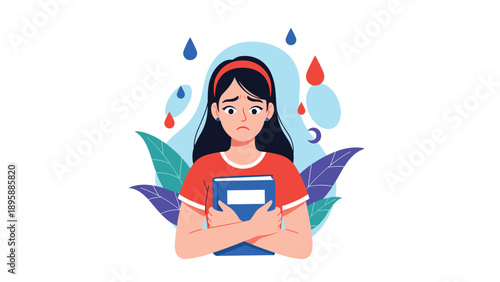 Sad and lonely girl hugging a book tightly while surrounded by symbols of rain and nighttime to express her emotions.