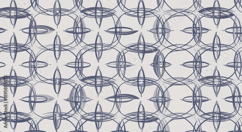 Geometric abstract pattern of interlocking elliptical shapes in shades of blue and gray on a light background.