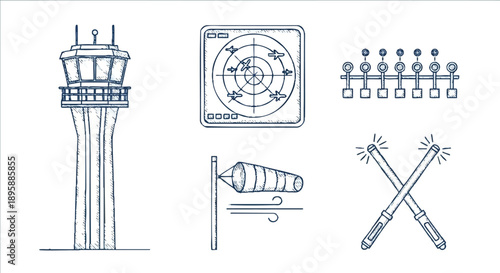 Conceptual line art icons for airport operations, illustrating air traffic control, radar, landing lights, windsock, and marshaling wands for flight safety