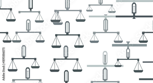 Seamless pattern of balance scales icons in a flat design style, gray and white color palette.
