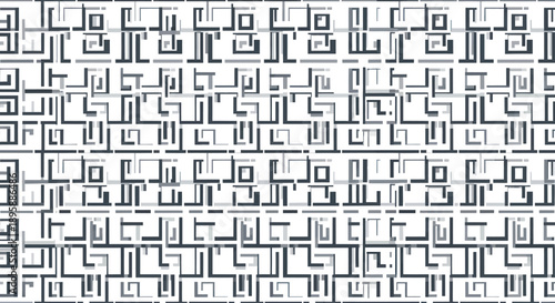 Monochromatic geometric abstract pattern with repeating square and line elements in a grid layout.