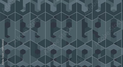 Abstract geometric pattern with interlocking hexagonal and rectangular shapes in dark blue and grey tones.