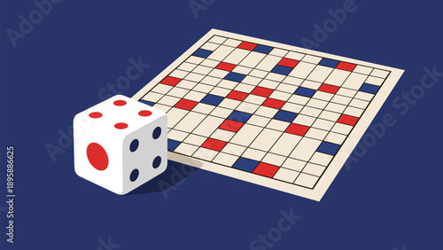 Classic white board game die and a colorful game board ready for a fun family gaming session and competition.