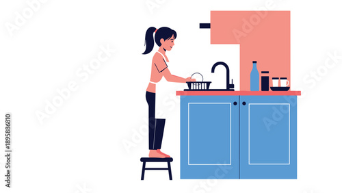 Small girl standing on a wooden step stool to reach the kitchen sink and help wash dishes in a minimalist interior setting.