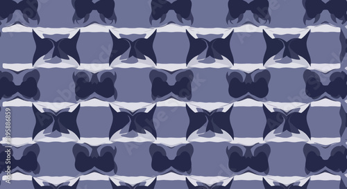 Seamless abstract pattern with dark blue bowtie shapes and light blue stripes on a purple background