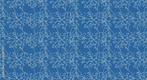 Repeating pattern of delicate white stylized floral branches and buds on a blue background