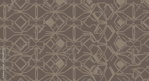 Geometric art deco pattern with diamond shapes and lines in muted brown tones, vector graphic