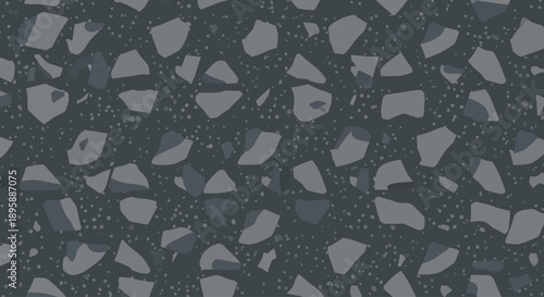 Dark grey speckled terrazzo pattern with irregular stone fragments and small dots, flat design.