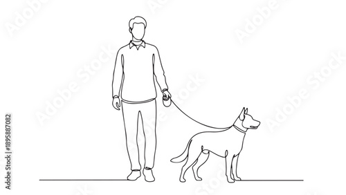 Line art illustration of a person walking a dog on a leash, a simple and minimalist depiction of companionship and outdoor activity