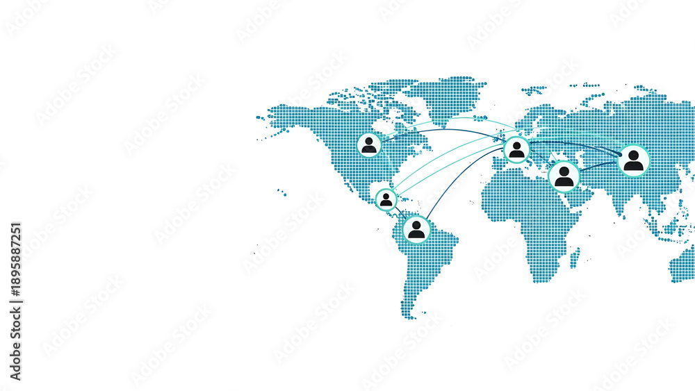 Obraz premium グローバルチームの連携と遠隔コミュニケーションのフラットデザインイラスト。世界地図、DX推進、ネットワーク、信頼の繋がり。左側に広いコピースペース。