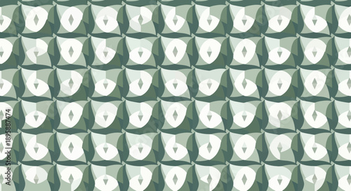 Green and white geometric abstract pattern with diamond shapes and curved elements