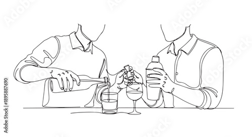 Elegant continuous line art illustration of two skilled mixologists expertly crafting refreshing cocktails, pouring ingredients and shaking drinks behind a bar