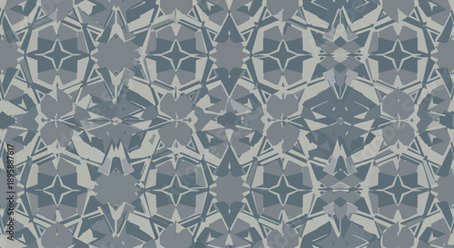 Geometric seamless pattern in cool blue and grey tones with abstract star and diamond shapes.