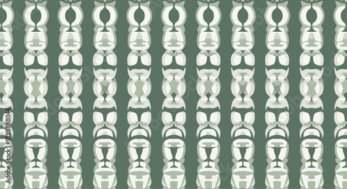 Geometric tribal pattern with stylized faces in muted green and beige tones, abstract ethnic design.