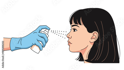 Person wearing a blue medical glove administering nasal spray into the nose of a young woman to relieve allergy symptoms.