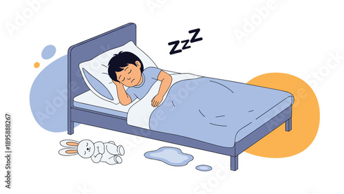 Young boy sleeping soundly in his bed while a wet puddle on the floor suggests a bedwetting incident during the night.