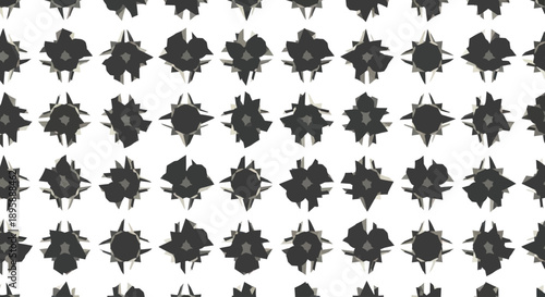 Abstract geometric dark starburst shapes arranged in a repeating pattern on a white background.
