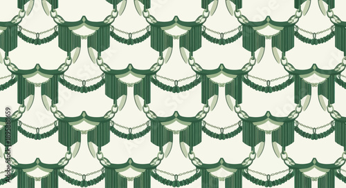 Repeating decorative pattern with green tassels and chains on a light background, flat design style.