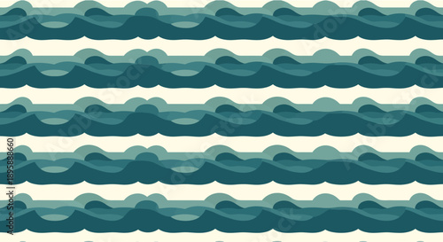 Abstract wavy water pattern with horizontal stripes in blue and green tones on a cream background.
