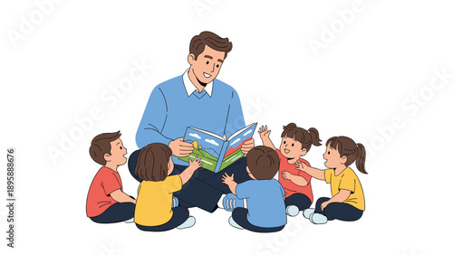 Young male teacher sitting on the floor and reading a picture book to a group of attentive children in a classroom setting.
