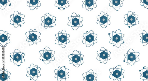 Repeating atomic structure pattern with orbits and nuclei on white background