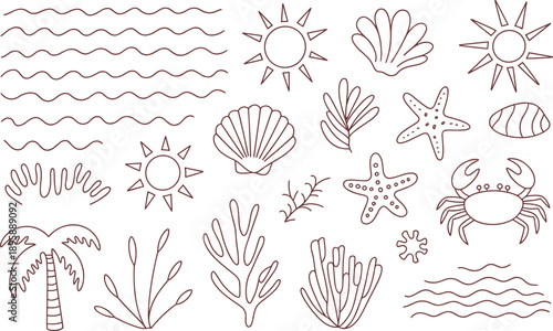 Handdrawn summer beach elements and sea life collection vector set