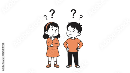 Boy and girl standing together and looking confused with question marks over their heads while trying to solve a problem.